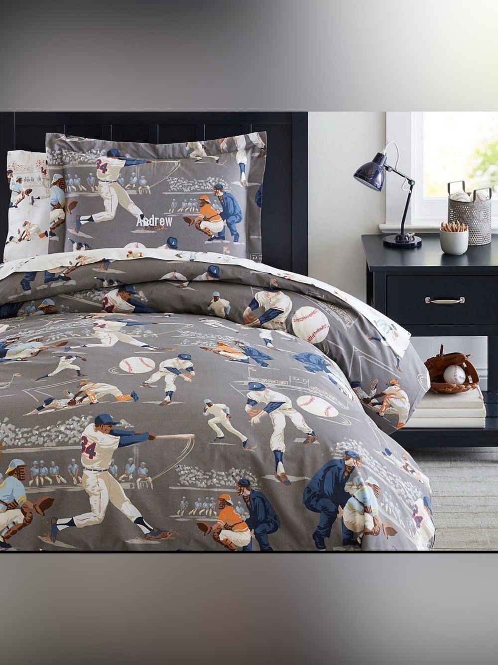 Pottery Barn Kids Gray Baseball Comforter with Blue and Tan Players